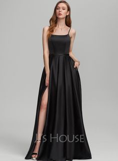 Elegant Black Dresses Long, Formal Bridesmaids Dresses Black, Black Satin A Line Dress, Bridesmaid Dresses With Pockets, Black A-line Dress, Square Neck Gown Bridesmaid Dresses, Bridesmaid Dresses Square Neckline, Bridesmaid Dress With Pockets, Satin Black Dresses