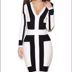 Black And White Bandage House Of Cb Dress. Form Fitting And Flattering White Midi Bandage Dress For Evening, White Midi-length Bandage Dress For Evening, White Bodycon Midi Bandage Dress, White Knee-length Bodycon Bandage Dress, White Knee-length Bandage Dress For Night Out, White Knee-length Bandage Dress For Spring, Chic Black And White Bodycon Dress, Spring White Knee-length Bandage Dress, Black And White Fitted Dress For Night Out