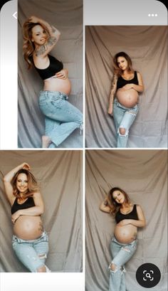 the pregnant woman is posing with her hands on her head, and wearing ripped jeans