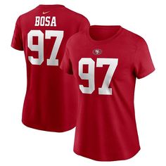 Nick Bosa is consistently one of the most dominant players on the gridiron. This Player Name and Number T-shirt from Nike is a strong tribute to your favorite player's career with the San Francisco 49ers. Designed as a simple alternative to the on-field jerseys, this player tee features bold graphics on the front and back so you can proudly support your San Francisco 49ers.Nick Bosa is consistently one of the most dominant players on the gridiron. This Player Name and Number T-shirt from Nike is Nick Bosa, 49ers Players, Brock Purdy, Nfl San Francisco, Nike Short, Team Player, San Francisco 49ers, Tshirts Online, Women's Nike