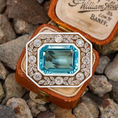 Circa 1920's Aquamarine & Diamond Brooch 14K Yellow Gold & Platinum Art Deco Diamond Brooches With Gemstone, Diamond Gemstone Brooches In Art Deco Style, Vintage Platinum Brooch, Vintage Platinum Brooch Jewelry, Art Deco Platinum Brooches As Gift, Gold Brooch, Diamond Brooch, Greenish Blue, Gold Brooches