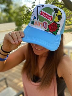 This vintage trucker hat stands out from the crowd with its custom foam 5-panel design and inspirational Dream Big slogan. With its adjustable snapback closure for a perfect fit, this hat looks great and is sure to get you compliments. - 5-panel Foam Trucker Hat - Baby Blue/White Affordable Letter Print Curved Bill Trucker Hat, Fun Snapback Hat With Letter Print For Streetwear, Fun 5-panel Baseball Cap For Streetwear, Fun Snapback Hat With Curved Bill For Streetwear, Fun Curved Bill Snapback Hat For Streetwear, Fun Snapback Trucker Hat For Streetwear, Fun Blue Baseball Cap For Streetwear, Fun Snapback Baseball Cap For Streetwear, Fun Flat Bill Trucker Hat For Streetwear