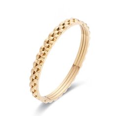 Look fashionably on-time with Watch Band Bangle! This eye-catching bangle has the look of a classic watch band but with the added sparkle of jewelry. Get ready to be the envy of the office or party with this unique accessory. Mix and match with your favorite watch for an eye-catching look! 18k Gold Plated over Stainless Steel 6mm width Hypoallergenic Water & Tarnish Resistant Chic Stainless Steel Jubilee Bracelet, Chic Stainless Steel Bangle Bracelet, Formal Double Band Bracelet With Strap, Chic Stainless Steel Bangle Jewelry, Timeless Round Stainless Steel Bracelet, Stackable Bangle Jewelry, Timeless Metal Jewelry With Bracelet Strap, Timeless Metal Bracelet Strap Jewelry, Timeless Stainless Steel Bracelet Strap Jewelry