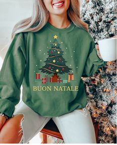 Buon Natale Sweatshirt, Buon Natale Shirt, Cute Italian Merry Christmas Sweatshirt, Christian Christmas Shirt Casual Long Sleeve Holiday Sweatshirt, Green Casual Christmas Sweater, Holiday Green Cotton Sweatshirt, Festive Green Casual Tops, Green Cotton Holiday Sweatshirt, Casual Holiday Sweater With Graphic Print, Green Christmas Crew Neck Sweatshirt, Casual Green Christmas Sweatshirt, Green Casual Holiday Sweater