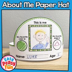 a paper hat with the words, about me paper hat written on it and an image of a child's face