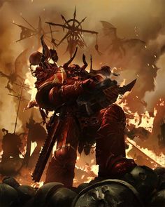 an image of a warhammer with flames in the background