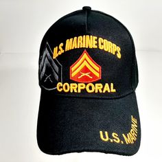 Us Marine Corps Corporal Men's Ball Cap Hat One Size Black Acrylic Adjustable Size Strap Back Embroidered Or Iron Pressed Patch Hat Material Varies From Acrylic, Polyester, Wool And Cotton Blends New With Or Without Tags