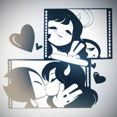 an image of a couple kissing in front of a film strip with hearts on it