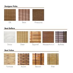 different types of bamboo blinds with names and pictures on the bottom right hand side, in various colors