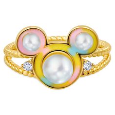 Mickey's sparkling personality is reflected in the finest cubic zirconia stones in the elegant setting of this ring which features a trio of organic shell pearls forming a Mickey icon. Created by CRISLU, and crafted from sterling silver plated with 18-karat yellow gold, this stylish ring will bring a smile to any situation. Mickey Mouse Icon, Mickey Mouse Toys, Mouse Icon, Stylish Rings, Disney Jewelry, Hypoallergenic Earrings, Disney Style, Disney Store, Pearl Ring