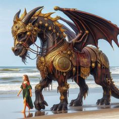 a woman walking on the beach next to a statue of a dragon with large wings