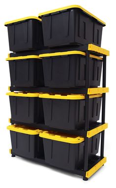 several bins stacked on top of each other with yellow trim around the bottom and sides