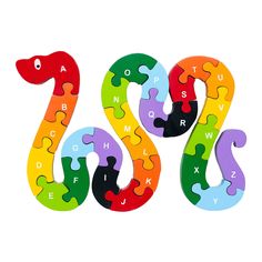 the letters are made out of colorful puzzles