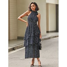 Season:Summer; Fabric:Chiffon; Sleeve Length:Sleeveless; Gender:Women's; Style:Elegant; Occasion:Date,Vacation,Party; Fit Type:Loose Fit; Dresses Type:A Line Dress; Pattern:Polka Dot; Design:Tiered; Neckline:Halter Neck; Brand:Ador; Front page:FF; Listing Date:04/10/2024; Bust:null; Length:null; Waist:null; Fit US Size:null; Fit UK Size:null; Fit EU Size:null; Dress Length Type:Maxi Dress; Print Type:Print Elegant Floral Dress, Beach Wedding Guests, Elegant Party, Chiffon Maxi Dress, Black Dots, Halter Neck, Types Of Dresses, Printed Maxi Dress, Long Maxi Dress