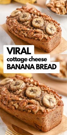 two slices of banana bread with walnuts on top and the words virtual cottage cheese banana bread