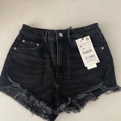 Nwt Zara Black Hi-Rise Jean Shorts In Perfect Condition Mid-rise Black Summer Pants, Black Mid-rise Summer Pants, Black High Rise Summer Pants, High Rise Black Summer Shorts, Black High Rise Summer Shorts, Black High-rise Summer Shorts, Black High Rise Shorts For Summer, Black Cutoff Bottoms For Summer, Black Mid-rise Shorts For Summer