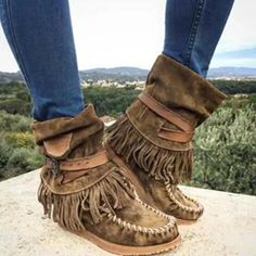 Women Casual Winter Suede Tassel Fringe Moccasin Boot Flat Slouch Mid Calf Shoes | eBay Moccasin Boots Handmade, Womens Slouch Ankle Boots, Fringe Boots Ankle Flat Womens, Luxury Suede Mid-calf Boots For Fall, Slouch Suede Boots Flat, Slouchy Ankle Boots Flat, Women's Cowboy Boots Fringe, Boots With Tassel, Size 9 Womens Boots