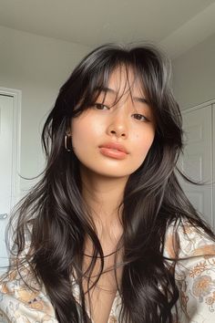 Less Bangs Haircut, Long Haired Haircuts, Cute Hair Cuts For Girls Curtain Bangs, Style Your Hair, Haïr Cut Style For Long Hair, Haircut Bangs Long Hair, Long Wolf Cut With Wispy Bangs, Hair Cuts Bang, Haircut Inspo Curtain Bangs