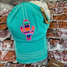 Turquoise Vintage Lightly Distressed Women's Baseball Style Cap. Embroidered With Color Me Desert Serape Cactus. Turquoise Casual Adjustable Hat, Casual Adjustable Turquoise Hats, Casual Turquoise Cap, Casual Turquoise Cap Hat, Painting Cactus, Ny Hat, Black Platform Sandals, Fringe Booties, Black Baseball Cap