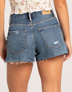 RSQ Womens High Rise Vintage A-Line Shorts - MEDIUM WASH | Tillys Relaxed Fit Beach Bottoms With Button Closure, Relaxed Fit Bottoms With Button Closure For Beach, Beach Bottoms With Button Closure And Relaxed Fit, Casual Summer Bottoms With Button Closure, Casual Cutoff Bottoms With Button Closure, High Rise Shorts With Button Closure For Summer, Button Closure Shorts For Day Out, Cutoff Bottoms With Button Closure For Summer, Summer Cutoff Bottoms With Button Closure