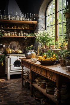 an old fashioned kitchen with lemons on the counter