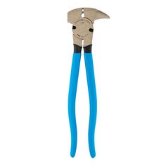 a pair of blue handled pliers on a white background