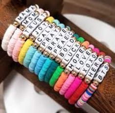 We can personalized your bracelets, we also have glow in the dark letters for an extra fee.  We have $1 to $ 7 bracelets depending in the quantity and the materials you want Trendy Customizable White Wristband, Trendy White Stretch Bracelet With Letter Print, Trendy Personalized White Wristband, Heishi Jewelry, Beaded Braclets, Preppy Bracelets, Homemade Bracelets, Fun Bracelet, Word Bracelet