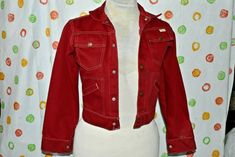 WELCOME TO wants-n-wishes  A very nice Vintage Childs Medium (10-12) Red JEAN DENIM retro fun JACKET from Super Denim. Would be great for reenactment, chores, or casual wear. This denim jacket features 5 fancy metal snaps up front, metal snap at cuffs, fold down collar, 2 handwarmer pockets, and 2 front chest snap close pockets. Feels like 100% cotton  BRAND - SUPER DENIM SHOULDER - 15" BUST - 32" SLEEVE LENGTH - 19" OVERALL LENGTH - 17.5"  Very good vintage gently worn condition with no rips, o Vintage Red Denim Jacket For Fall, Vintage Red Cotton Denim Jacket, Fun Jacket, Denim Retro, Red Jeans, Black Stains, Cool Jackets, Hand Warmers, Red Leather Jacket