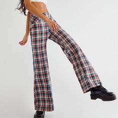 Free People Cristina Pants In Rainbow Gingham Plaid Pattern, Size 6. Low Rise Flare Style. In New Condition, Never Worn, But I Took The Tags Off. Such Cool Pants! Trendy Plaid Cotton Pants, Summer Wide Leg Plaid Bottoms, Summer Plaid Wide Leg Bottoms, Gingham Cotton Pants For Fall, Plaid Wide Leg Bottoms For Fall, Cotton Gingham Pants For Fall, Summer Plaid Wide-leg Bottoms, Spring Plaid Wide Leg Pants, Trendy Plaid Wide Leg Bottoms