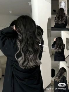 Dye Black Hair Ideas, Hair Dyes Idea, Black Hair Dye Inspiration, Black Hair With Silver Ends, Black And Blonde Hair Balayage, Hair Color With Black Hair, Black Hair With Frosted Tips, Silver Ends Hair, Black Hair Ash Highlights