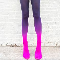 Hand dyed neon pink-black ombre tights. The material is super soft! They fit nicely thanks to its comfortable stretch. We love this option paired with your favorite little black dress! Fitted Pink Hosiery For Party, Purple Stretch Hosiery For Party, Stretch Purple Hosiery For Party, Pink Stretch Hosiery For Party, Pink Party Hosiery, Trendy Fitted Pink Tights, Purple Party Hosiery, Trendy Pink Thigh High Hosiery, Trendy Pink Thigh-high Hosiery