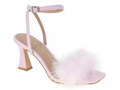 Chic Sandals With Feather Trim, Chic Feather Trim Sandals, Summer Evening Heels With Feathers, Summer Feathered Heels, Spring Glamorous Heels With Feather Trim, Glamorous Spring Heels With Feather Trim, Chic Ankle Strap Heels With Feather Trim, Feathered Heels With Round Toe For Summer, Summer Ankle Strap Heels With Feather Trim