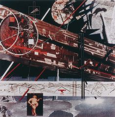 an artistic collage with various images and text on it, including the image of a man standing in front of a large object