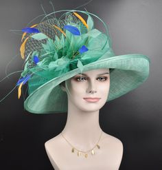 IF YOU LIKE THE DESIGN, JUST WANT TO Change the  COLORS TO MATCH YOUR DRESS, PLEASE FEEL FREE TO CONTACT ME, I WILL HELP YOU. 100% Sinamay, light and comfortable *Wide brim measure Appr17 inches (from the right side to the left side) *The crown is decorated with feather flower, netting bows and curl ostrich quills, very beautiful!! *Head girth is 22.5 inches; adjustable string inside can give you the best fit. . 18 colors feather flowers available, if you want to change the flowers color to matc Turquoise Hats For Spring Races, Green Kentucky Derby Church Hats And Headpieces, Turquoise Wide Brim Hat For Kentucky Derby, Green Costume Hats For Church And Kentucky Derby, Turquoise Spring Racing Hat, Turquoise Hat For Kentucky Derby Races, Turquoise Mini Hat For Kentucky Derby Races, Turquoise Fascinator For Kentucky Derby, Fitted Turquoise Hat For Royal Ascot