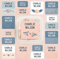 the label for charlie wilson's personalized name tags on a pink and blue background