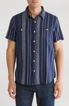 Crafted from breathable linen blend with a hint of stretch, this short-sleeve button-up shirt features classic detailing for workwear style. 29 1/2" length (size Medium) Front button closure Spread collar Short sleeves 55% linen, 45% rayon Machine wash, tumble dry Imported Workwear Style, Linen Short, Workwear Fashion, Short Sleeve Button Up, Navy Stripes, Casual Button Down Shirts, Linen Blend, Short Sleeve Shirt, Lucky Brand