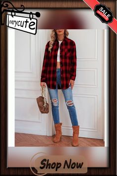 Red Plaid Print Loose Style Lightweight Shirt Jacket Red Winter Flannel Shirt With Pockets, Casual Red Flannel Shirt For Streetwear, Oversized Red Flannel Shirt Casual, Red Cotton Long Sleeve Flannel Shirt, Red Long Sleeve Cotton Flannel Shirt, Loose Style, Plaid Print, Red Plaid, Shirt Jacket