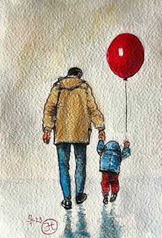 a drawing of a man and child walking with a red balloon