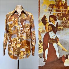 * Groovy illustrated shirt c 1970s  * Silky polyester fabric * Photo-illustration print in warm tones featuring Maxfield Parrish-influenced images of nursery rhyme figures, castles, and others from the Golden Age of Illustration * Long, pointed collar * Long, set-in sleeves with double button cuff  * 6 button front closure * Gently rounded hem Label: Alfie, 100% Polyester, XL Excellent condition Chest: 48 Shoulder: 19 Sleeve: 26 Length: 27 Garments are flat-measured. Please compare these measurements to another flat-measured garment that fits you correctly for size comparison. Don't forget to leave room for body movement!  Please view my Shop Policies prior to placing an order as all sales are final: http://www.etsy.com/shop/ranchqueenvintage/policy ❤ Note to my dear international buyers: Maxfield Parrish Illustrations, Maxfield Parrish, Illustration Collage, Illustration Vintage, Nursery Rhyme, Print Collage, Novelty Print, Illustration Print, Nursery Rhymes