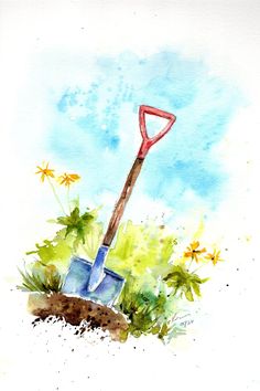 a watercolor painting of a shovel and flowers