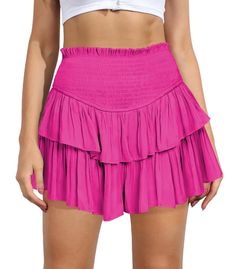 PRICES MAY VARY. 【Fabric】Womens Ruffle hem mini skirt is made of high-quality rayon fabric, soft and comfy, flowy and lightweight, skin-friendly and stretchly, makes you feeling well. 【Features】Shirred elastic high waist, stretchy smocked waistband, tiered ruffled layers, two-tiers of ruffles, flared flowy, fashion pleated hem, fully lined, inner lining, mini length, solid color, casual trendy style. This women's flowy skirt flows naturally when you walk and perfectly shows your charm. 【Occasion Flowy Mini Skirt, Layered Ruffle Skirt, Preppy Skirt, Mini Pleated Skirt, Tiered Mini Skirt, White Clothing, Basic Skirt, Ruffle Mini Skirt, Mini Short