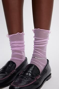 Simple and subtle, these dainty tulle socks add a sweet sheer detail to your favorite shoes. **Fit:** Crew length; S/P fits shoe sizes 5-7 US, M/L fits shoe sizes 8-10 US **Features:** Mesh fabrication, seamed toe, subtle ruffle trim **Why We | Tulle Crew Socks by Only Hearts at Free People in Pink, Size: S-M/P-M Sheer Socks And Heels, Slides With Socks Outfit, Black Ruffle Socks, Bridal Socks, Junk Socks, Y2k Socks, Crew Socks Outfit, Tulle Socks, Socks Style