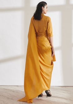 Our signature tie up shirt, goes best with the pre draped masai godet sari. Color block it or keep it monotone to play around with jewelry. Traditional Draped Blouse With Draped Sleeves, Elegant Cotton Silk Blouse For Traditional Occasions, Tie Up Shirt, To Play, Color Block, Wrap Dress, Saree, Yellow, Color