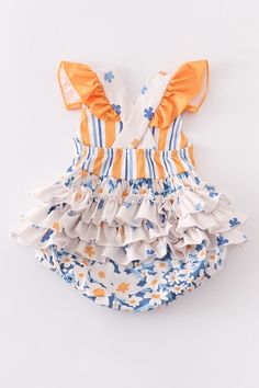 A64-1-4Orange floral ruffle baby romper95% Polyester 5%Spandex Fabric Contents: 95% Polyester 5%Spandex Cute Bubble Romper With Ruffled Straps For Summer, Cute Summer Bubble Romper With Ruffled Straps, Cute Sleeveless Bodysuit With Ruffles, Cute Sleeveless Ruffled Bodysuit, Spring Cotton Bubble Romper With Ruffled Straps, Cute Printed Bubble Romper For Spring, Cute Bubble Romper With Ruffle Hem For Spring, Spring Bubble Romper With Ruffled Straps, Cute Spring Bubble Romper With Ruffle Hem