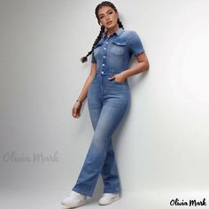 Olivia Mark - Stretch Denim Jumpsuit for Women - Straight Leg Washed Denim Jumpsuit Fitted Denim Jumpsuit With Pockets And Short Sleeves, Medium Wash Short Sleeve Jumpsuit With Button Closure, High Rise Casual Denim Jumpsuit With Button Closure, Casual High Rise Denim Jumpsuit With Button Closure, Casual High-rise Denim Jumpsuit With Button Closure, Fitted Medium Wash Denim Jumpsuit With Button Closure, Short Sleeve Denim Jumpsuits And Rompers With Button Closure, Denim Straight Leg Jumpsuit With Button Closure, Denim Jumpsuit With Straight Leg And Button Closure