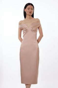 A Timeless Take On Luxury, This Midi Dress Is Crafted From Glossy Italian Satin For A Tailored Fit. Featuring An Off The Shoulder Design That Elegantly Frames The Shoulders, While A Lightly Ruched Panel Lines A V-Neck Cut Out Design. Pair With Polished Accessories And Heels For An Ensemble That Can Be Worn Occasion After Occasion.Off The Shouldermidi Lengthsatin Italian Midi Dress, Italian Dress, Dress Champagne, Trending Sunglasses, Cut Out Design, Wedding Bridesmaid Dresses, Shoulder Design, Guest Outfit, Karen Millen