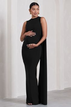 Allora | Black High-Neck Sleeveless Cape Maternity Maxi Dress Black Formal Maternity Dress, Formal Maternity Dress, Midi Bridesmaid Dress, Maternity Black Dress, Club L London, Sleek Bun, Maternity Midi Dress, Maternity Maxi Dress, Black Tie Gala