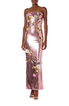 Strapless, tea-length column gown in Cerise sequin and floral embroidery.   Cerise/Multi embroidered sequin Hidden center-back zipper Made in the USAMonique Lhuillier Spring 2024 Ready to Wear Collection Shimmery Bridesmaid Dresses, Floral Sequin Dress, Fun Gowns, Queen Freya, Pink Knit Dress, Floral Print Gowns, Roberto Cavalli Dress, Prom Inspo, 2024 Style