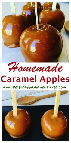 homemade caramel apples with sticks in them