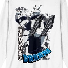 Show off your love for My Hero Academia with this adult white crew neck long sleeve shirt. The graphic tee showcases Tenya Ida in his robotic suit with a circle flame, capturing his heroic spirit. Made from a comfortable blend of cotton and polyester, this shirt is perfect for everyday wear. Easy to care for, simply machine wash it on cold with like colors and tumble dry on low heat. This shirt is a must-have for any fan of the popular anime series. Tenya Ida, Robotic Suit, My Hero Academia Shirt, Sleeve Packaging, Black Graphic Tees, White Crew Neck, Popular Anime, Fabric Names, Name Cards